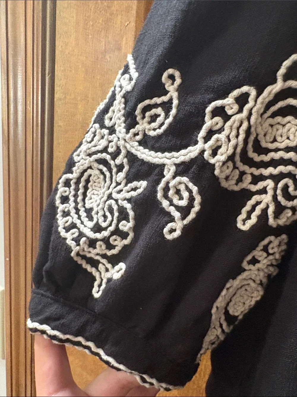 Black Puff Sleeve Top with White Embroidered Detail